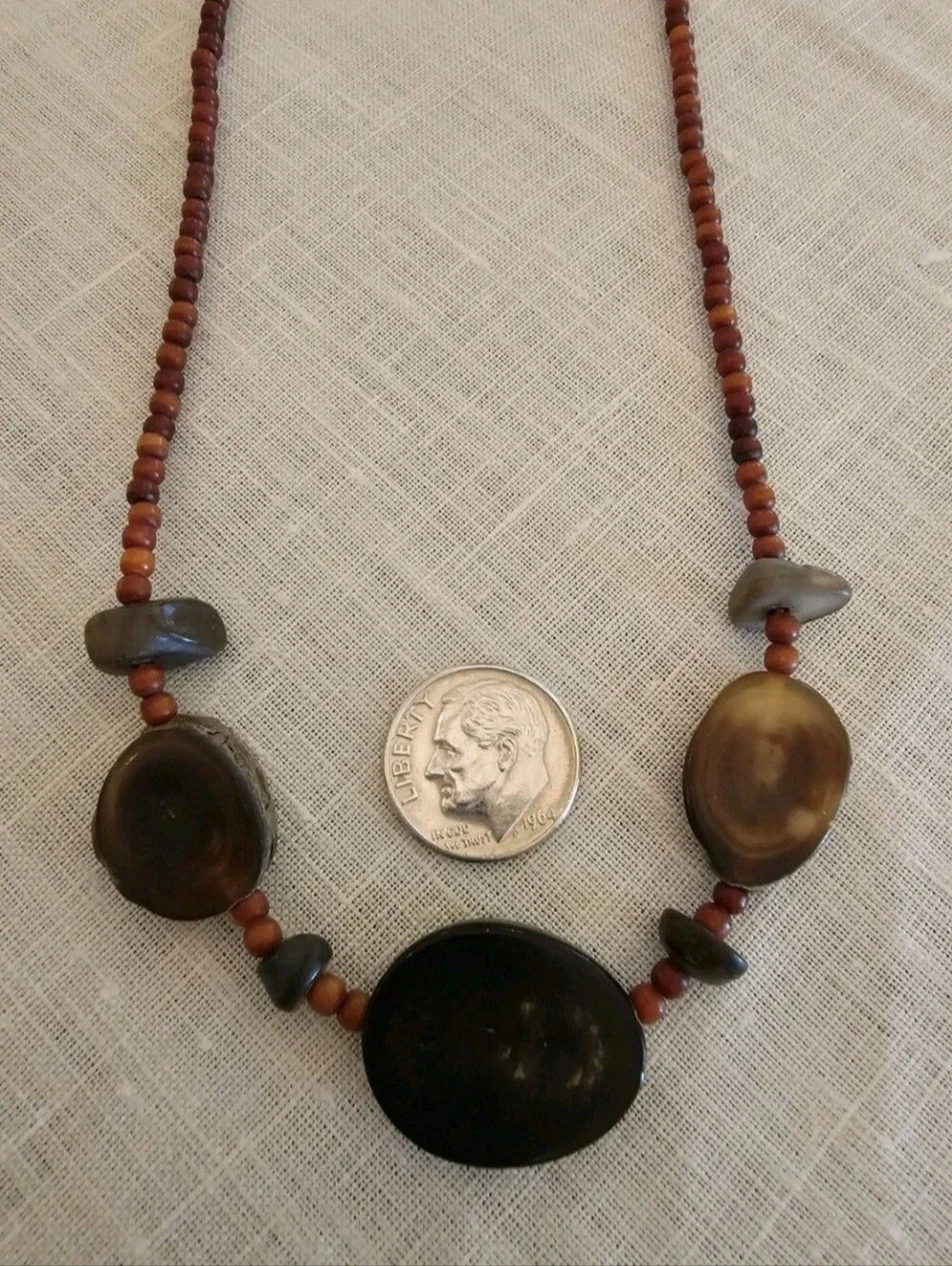 Cool Vintage Sliced Natural Horn Beaded Necklace Brown Red Black Bohemian 16